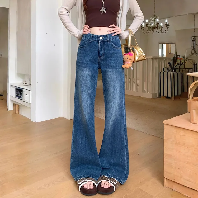 美式古早水洗蓝色小个子牛仔裤女秋冬显瘦低腰辣妹阔腿微喇直筒裤