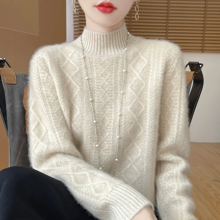 品牌正品羊毛衫女冬季新款提花宽松加厚毛衣半高领打底针织衫