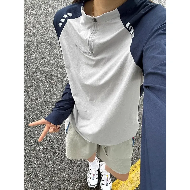 美式复古冰丝防晒长袖男t恤夏季薄款插肩撞色半拉链训练羽毛球服