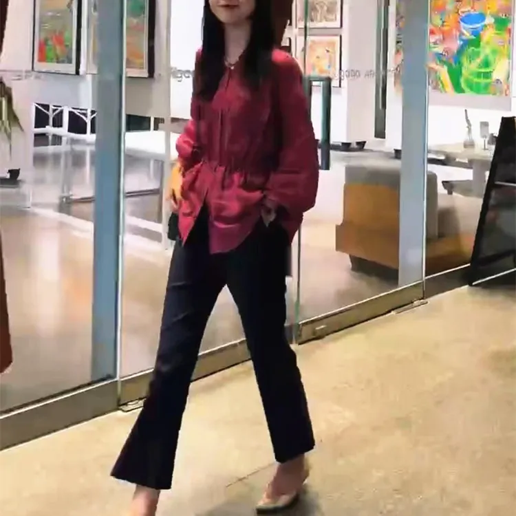 中年人女装2025新款小个子收腰衬衫简约九分裤洋气显瘦两件套装