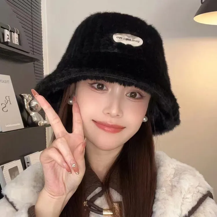 秋冬渔夫帽女加绒加厚保暖毛绒帽子时尚百搭护耳大头围水桶帽盆帽