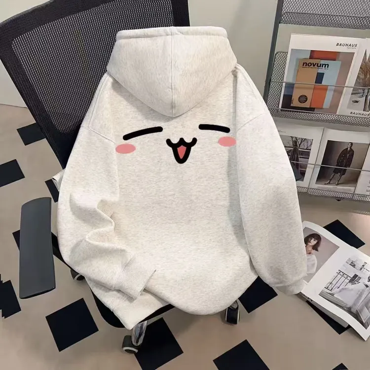 美式重磅纯棉可爱印花连帽男款秋冬季印花韩版白灰色潮流中性卫衣