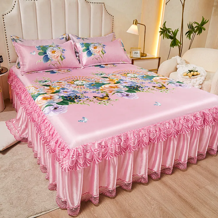 夏季冰丝凉席三件套床裙款可机洗可折叠单双人床空调软席子欧式风