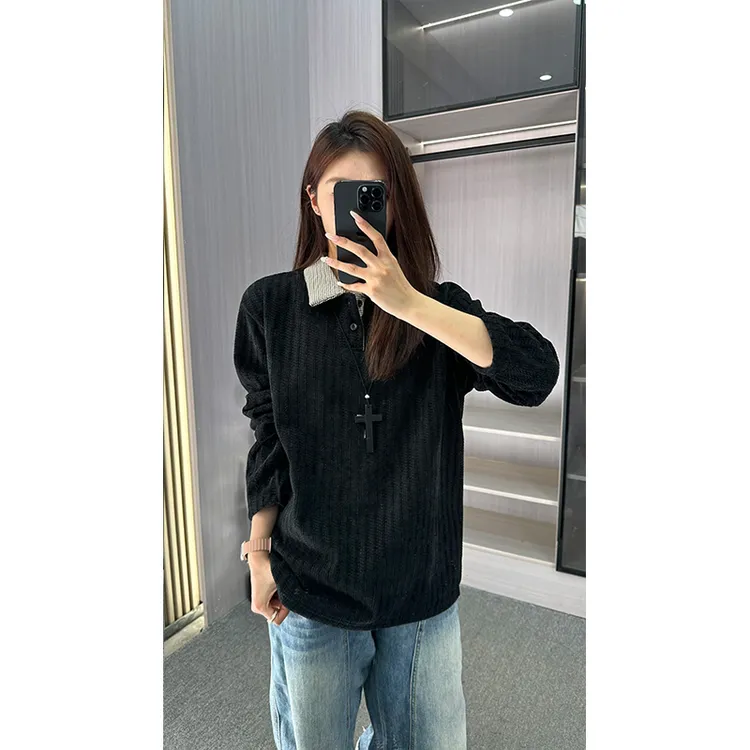 深灰色鱼骨纹长袖polo衫男款秋冬加绒千鸟格卫衣重磅复古宽松上衣