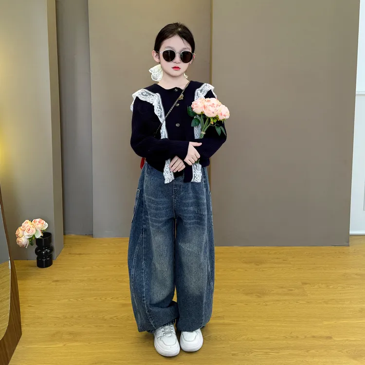 女童2025新款时尚韩版洋气春秋季休闲宽松拼接毛衣牛仔裤两件套潮
