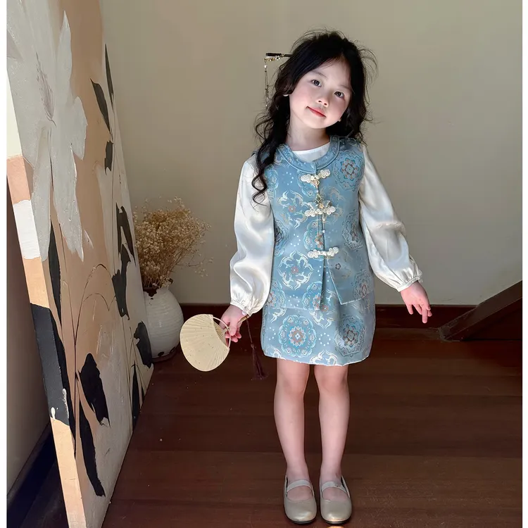 壹妈童装女童新中式国风套装秋装蓝色旗袍马甲唐装背心衬衫半身裙