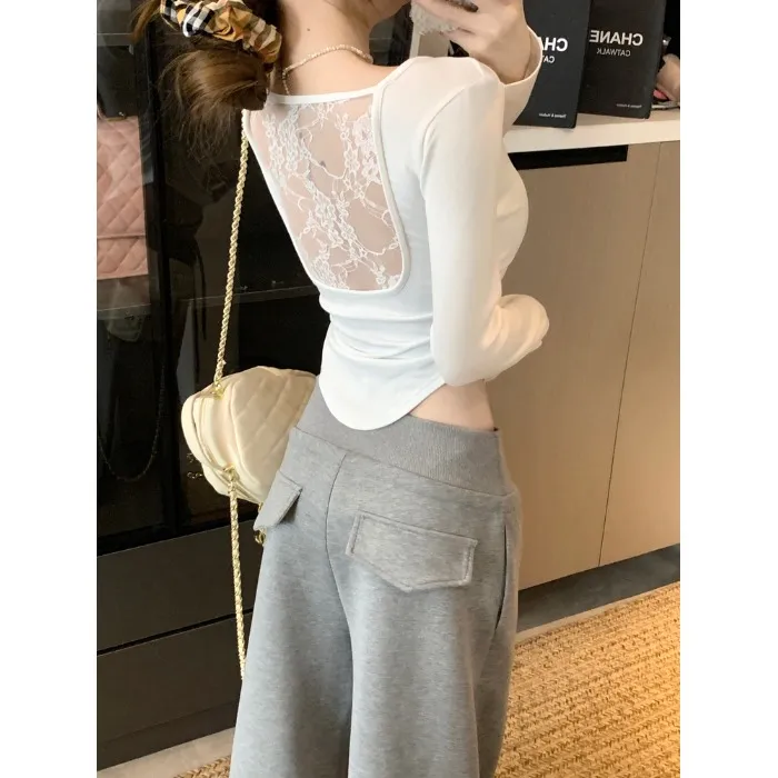 纯欲性感u领后背镂空蕾丝拼接长袖打底衫女辣妹风褶皱收腰短上衣