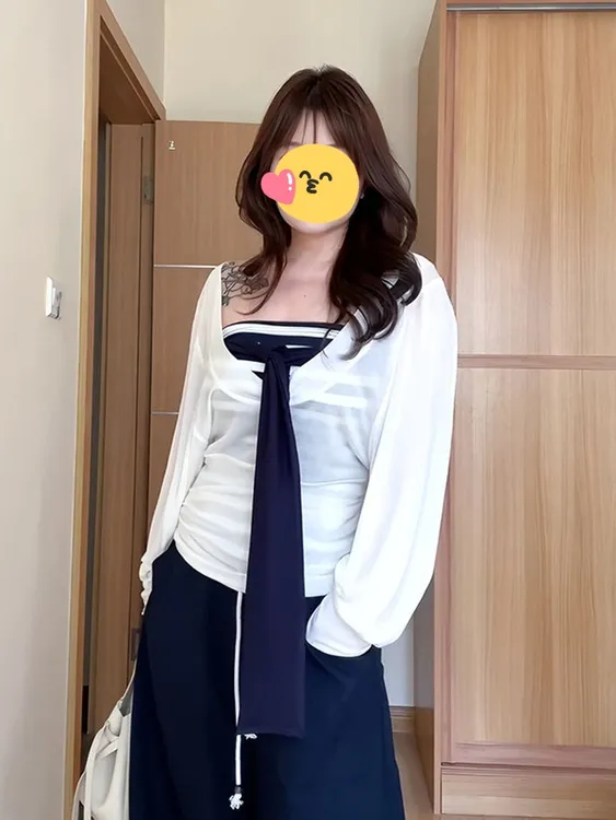 韩版气质系带条纹抹胸女早秋穿搭外搭白色修身长袖针织罩衫两件套