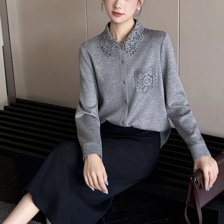 法式浪漫蕾丝花边衬衣翻领纯色长袖衬衫女626-055