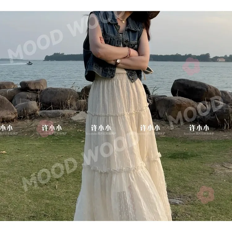 MOOD WOOD 许小小 早春新款蕾丝拼接A字裙 夏季高腰显瘦仙女裙