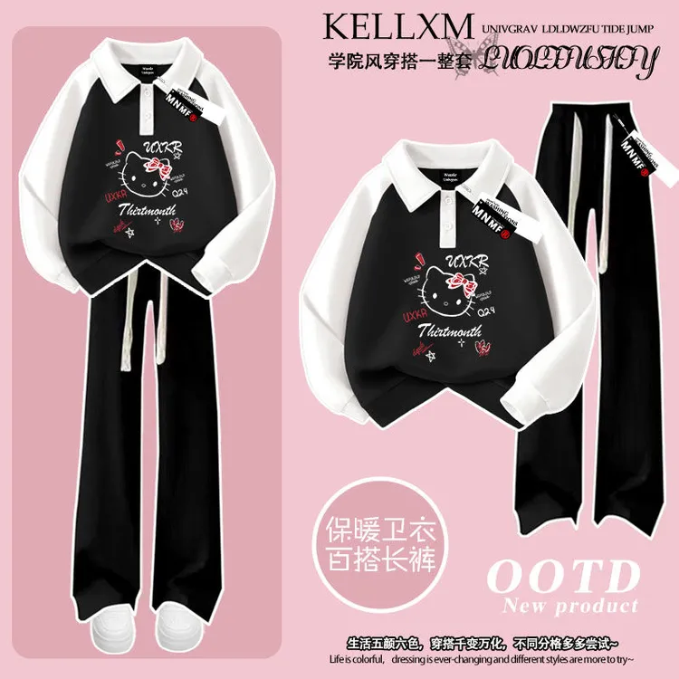插肩Polo衫卫衣长裤套装女童洋气kitty猫印花秋冬中大童两件套潮