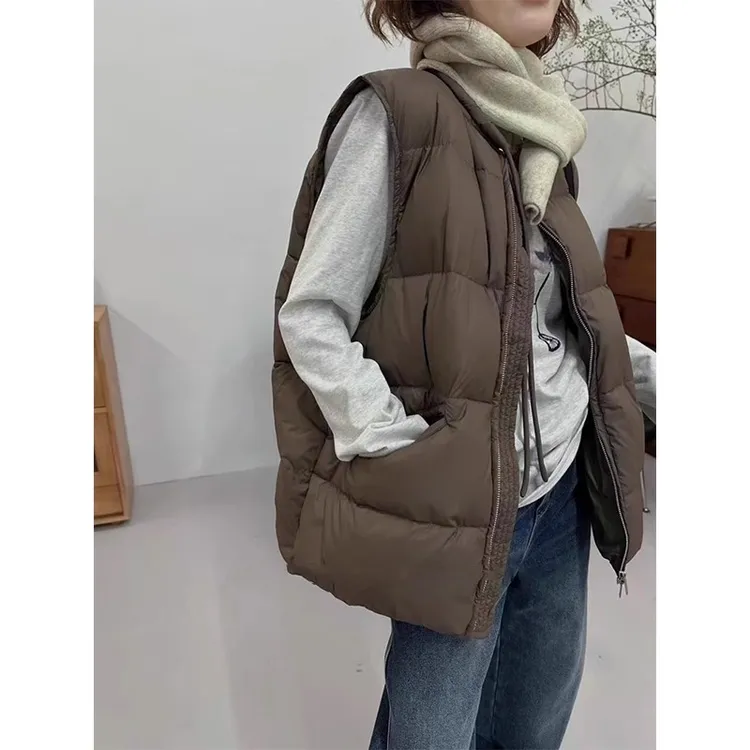 欧货领口抽绳显瘦棉马甲2025秋冬胖mm宽松面包服韩版坎肩背心外套