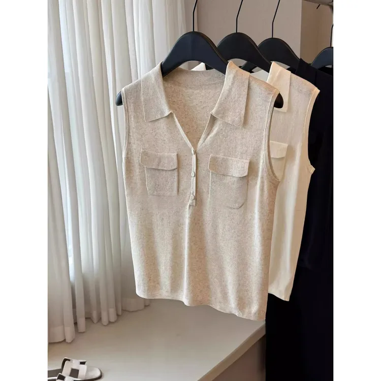 巨好搭！真心舒服！老钱风奶杏色针织衫女夏季2025新款翻领舒适背心