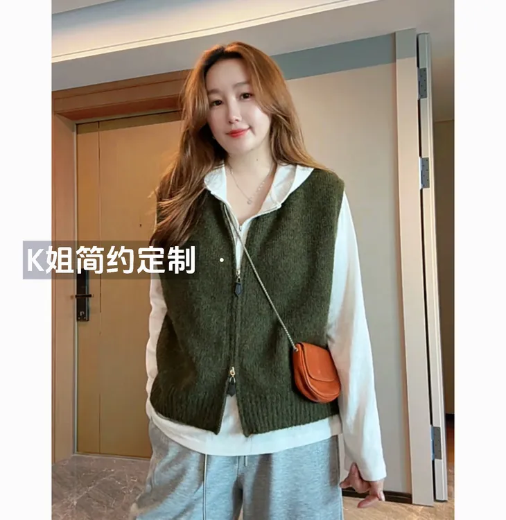 “KK定制”早秋新款双拉链毛衣马甲显瘦宽松外穿针织马夹D2029