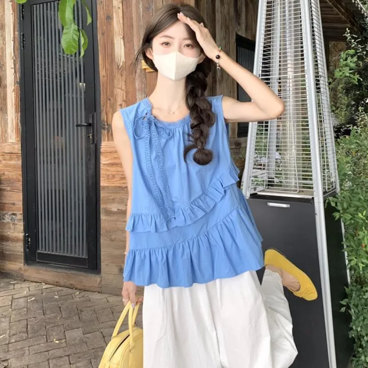 不规则荷叶边蕾丝绑带无袖背心衬衫女夏季克莱因蓝宽松娃娃衫上衣