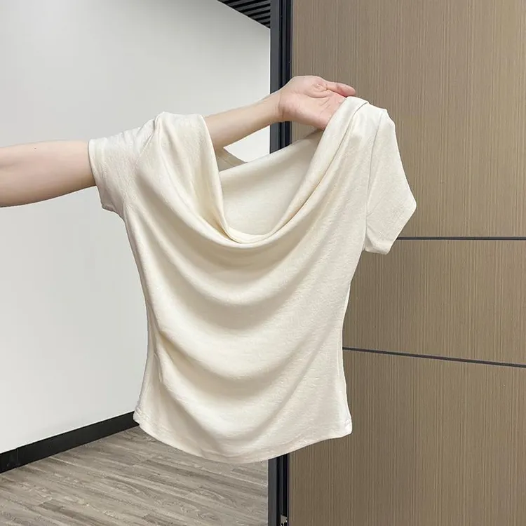 法式一字肩短袖T恤女夏季甜辣小众设计感褶皱修身收腰绝美小上衣