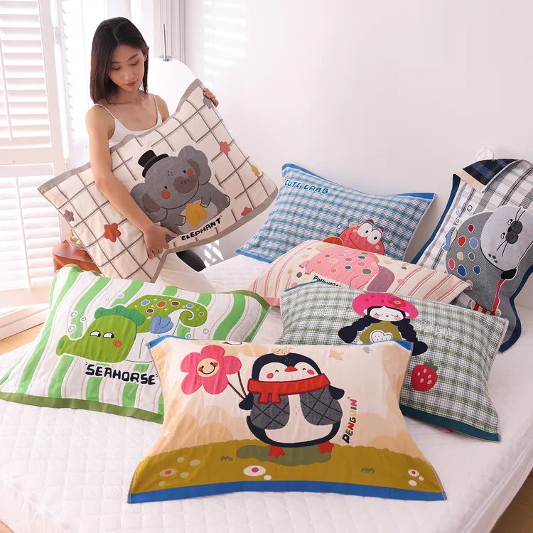 高密加厚纯棉纱布枕巾一对装全棉卡通可爱枕头巾吸汗家用枕头盖巾