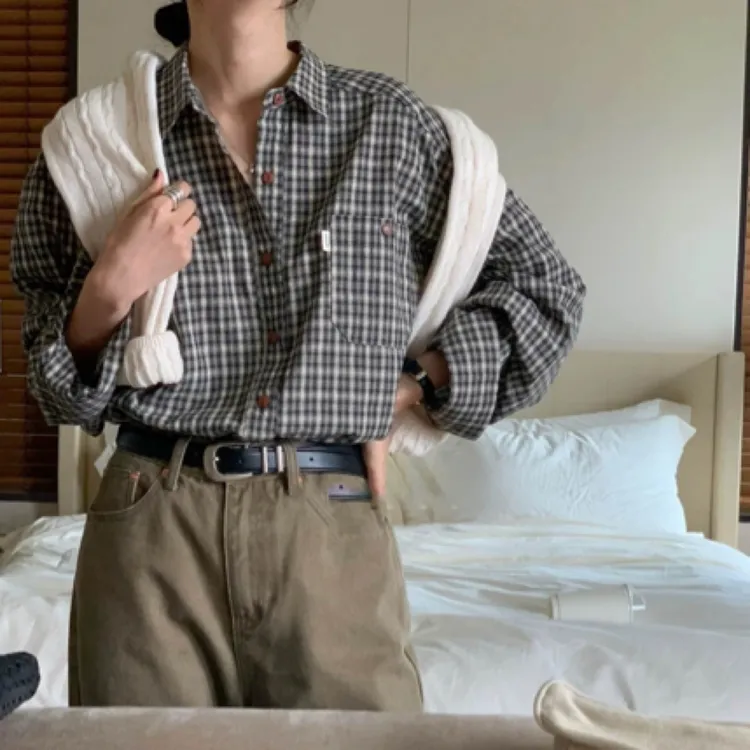 欧尼自留！ding制格纹面料复古宽松格子长袖衬衫女