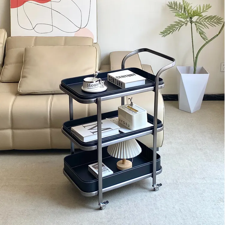 轻奢马鞍皮移动沙发边几小推车落地客厅家用角几床头柜带轮可移动