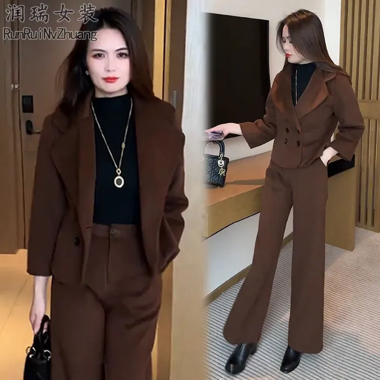 时尚毛呢套装女2025秋冬季新款洋气减龄显瘦短外套阔腿裤两件套潮