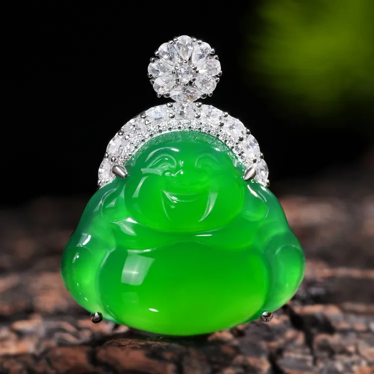 【福利】VISING珠宝绿玉髓满绿佛公简镶吊坠毛衣链S925银镀金 