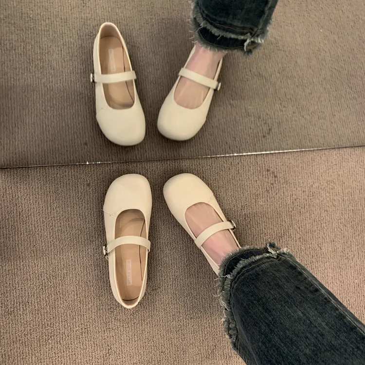 黑色新款软皮单鞋女春秋法式休闲拼色玛丽珍鞋透气防滑芭蕾舞鞋