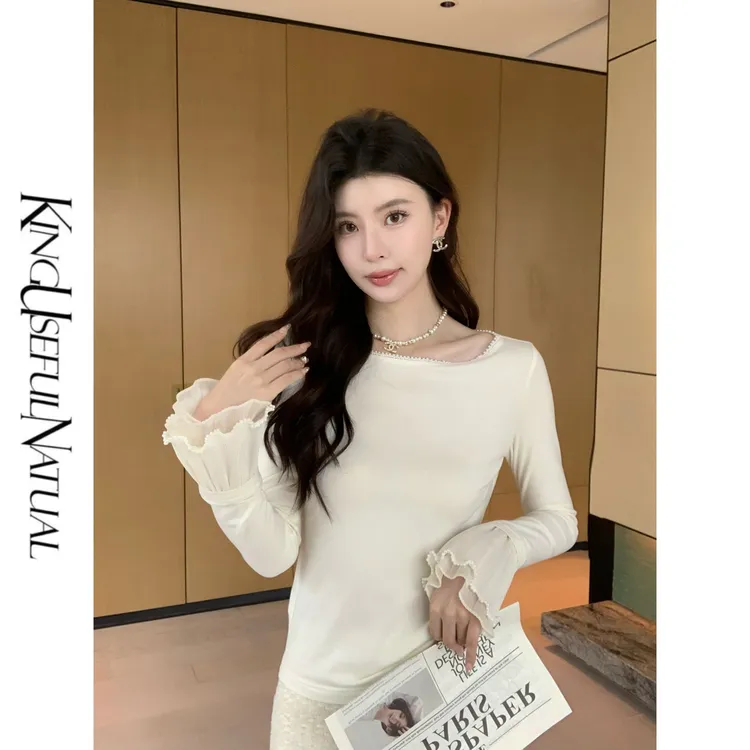 KUN【雪柚】勾勒柔美 植绒加绒秋冬木耳边袖口显瘦米色打底上衣