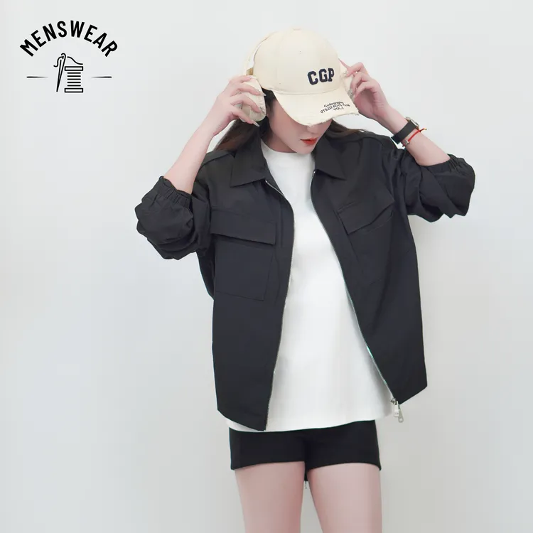 春季新款男士潮牌工装夹克多口袋休闲宽松纯色翻领拉链外套