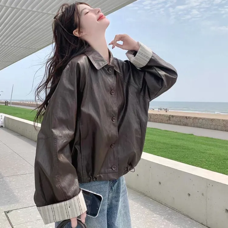宽松型翻领常规韩版单排多扣秋季宽松皮衣长袖2327