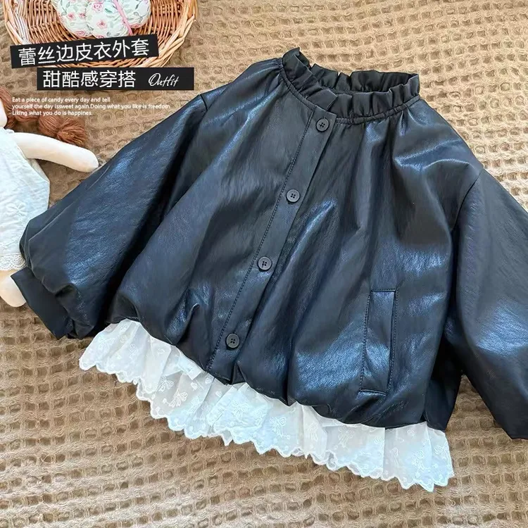 高品质！秋季新款女童皮衣蕾丝花边拼接外套韩版童装小女孩上衣