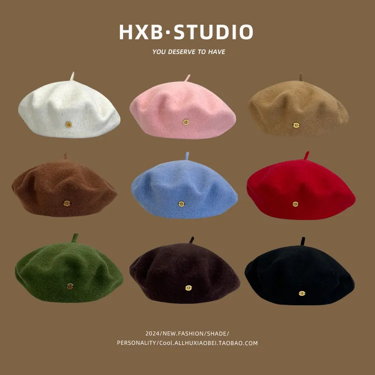 2025新款纯色羊毛贝雷帽女秋冬韩系英伦显脸小画家帽复古毛呢帽子