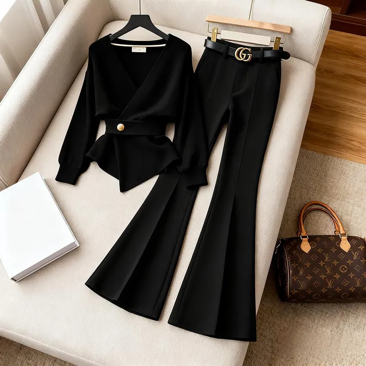 2025秋冬爆款韩系软糯慵懒风毛衣针织衫气质直筒裤时尚两件套女装