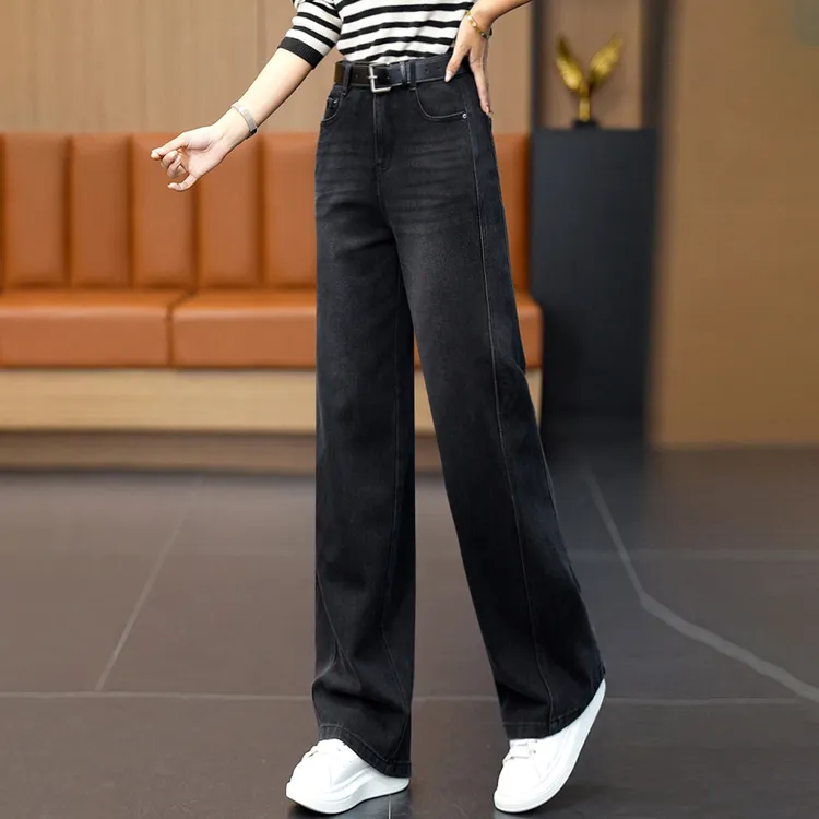 黑灰色窄版阔腿牛仔裤女秋冬2025新款流行加绒高腰显瘦直筒裤长裤