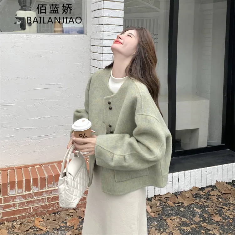 小香风绿色双面呢羊毛外套女秋冬短款呢大衣高级感韩系爆款气质