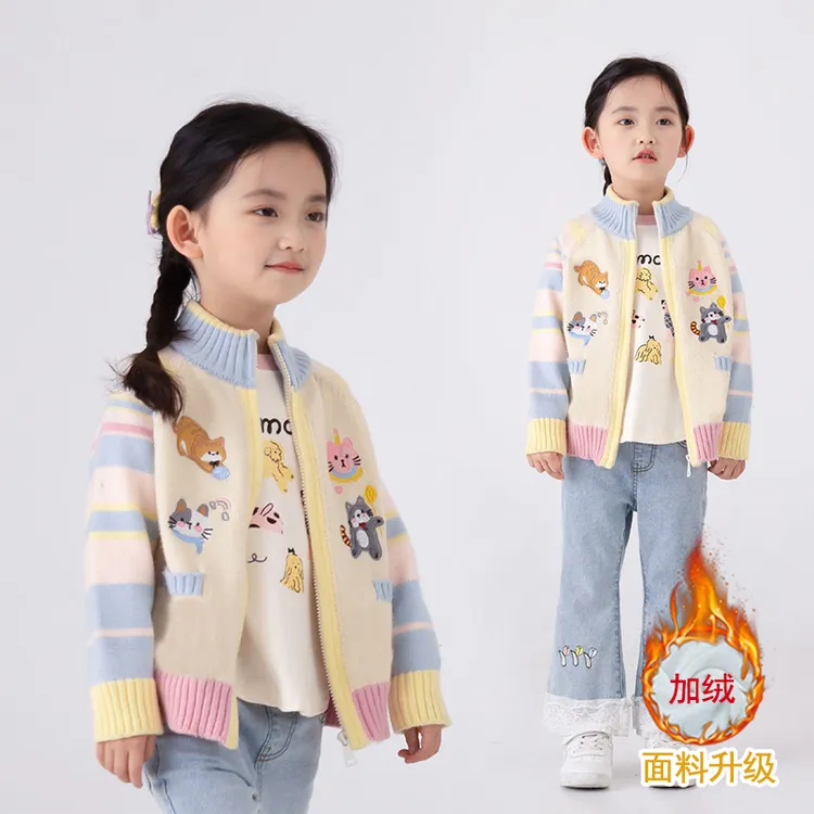 女童毛衣秋冬新款中大童针织拉链开衫加绒刺绣卡通一体绒K2602