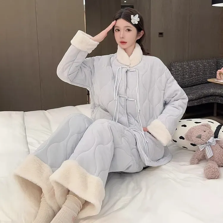 2025新款中式睡衣女款爆款冬季三层加绒加厚国风珊瑚绒外穿家居服