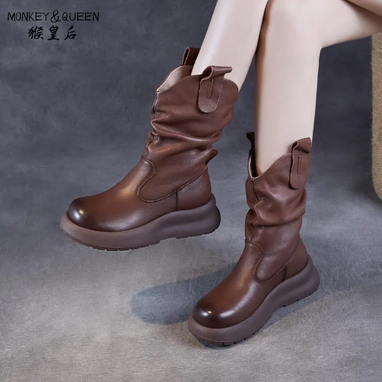 真皮中筒靴褶皱牛皮中筒靴女2025新款时尚马丁堆堆靴秋季加绒靴子