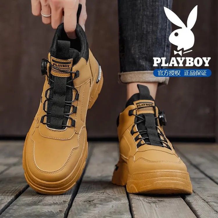 花花公子鞋子男款冬季增高厚底工装靴旋转纽扣复古休闲马丁靴男鞋