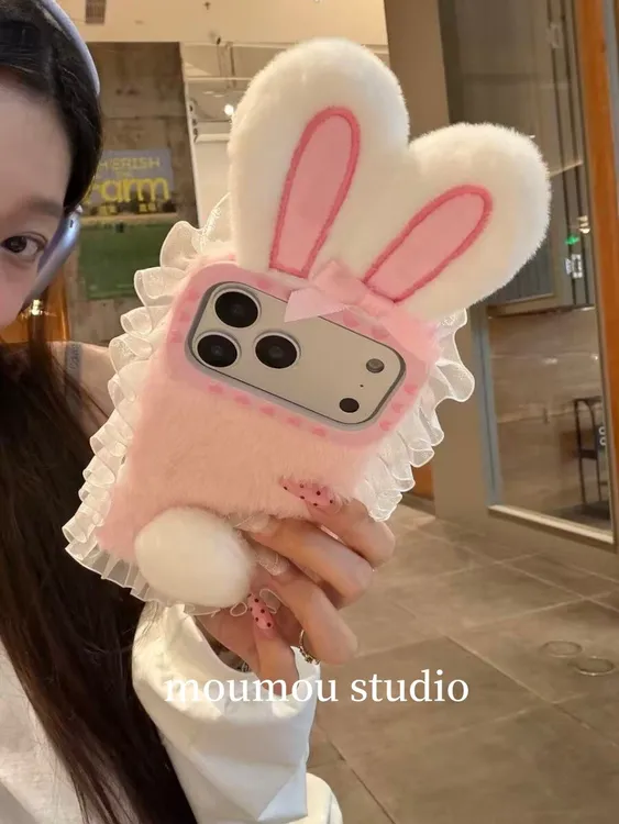 可爱毛绒花边兔子适用苹果17promax手机壳iphone16防摔15少女1413
