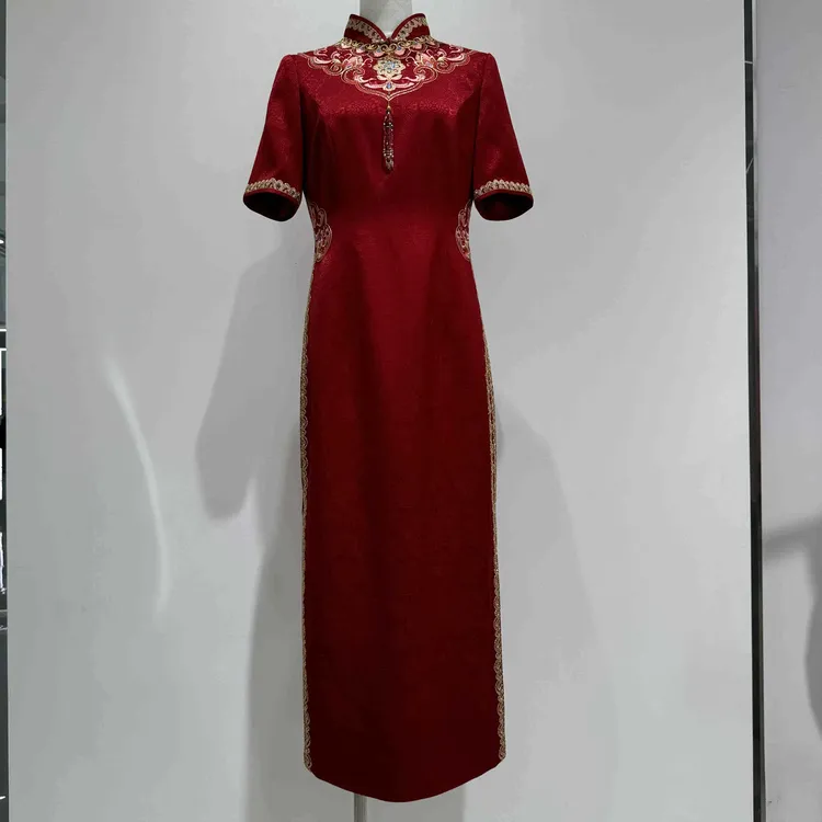 秋冬新款宋锦提花婚宴旗袍喜婆婆礼服高端旗袍新中式婚宴红色喜服