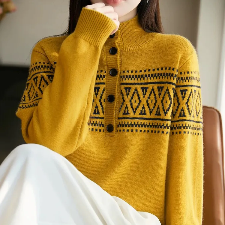 韩系费尔岛提花半高领针织衫女2025秋冬新款高级感时尚气质上衣潮
