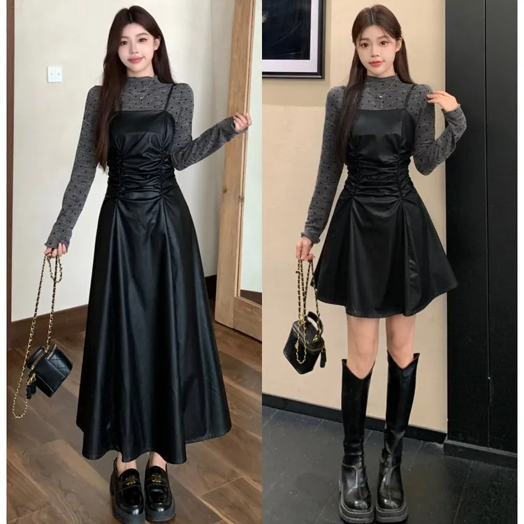 大码胖mm秋冬新款黑色褶皱吊带连衣裙女+波点长袖打底衫两件套女