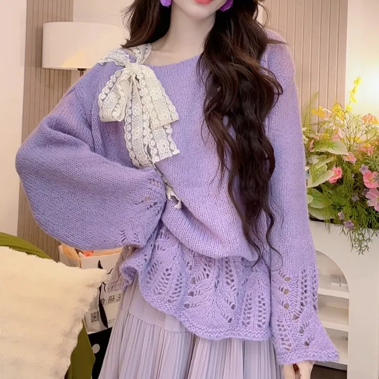 紫色针织衫女2025新款秋季穿搭氛围感收腰显瘦高级感超好看的毛衣