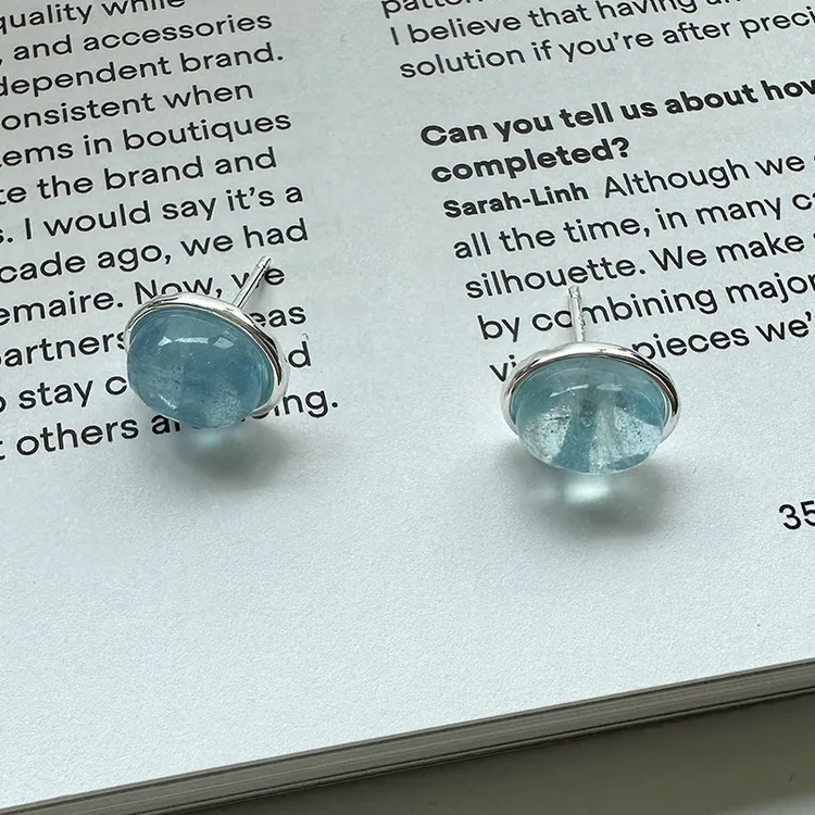 海蓝宝水晶耳钉女s925纯银简约时尚个性百搭椭圆天然石耳饰0941A