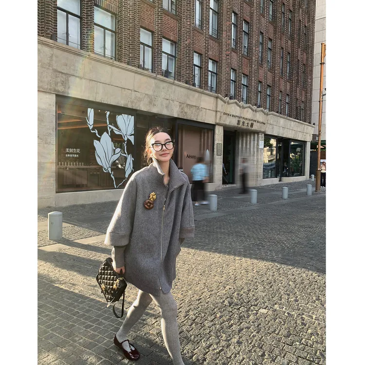 区区欧阳 100羊毛双面呢大衣女冬季加厚呢子中长款斗篷式毛呢外套