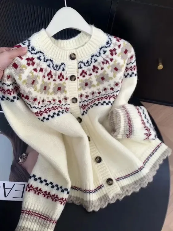韩系费尔岛毛衣时尚设计感百搭加厚针织上衣秋冬质感开衫针织衫