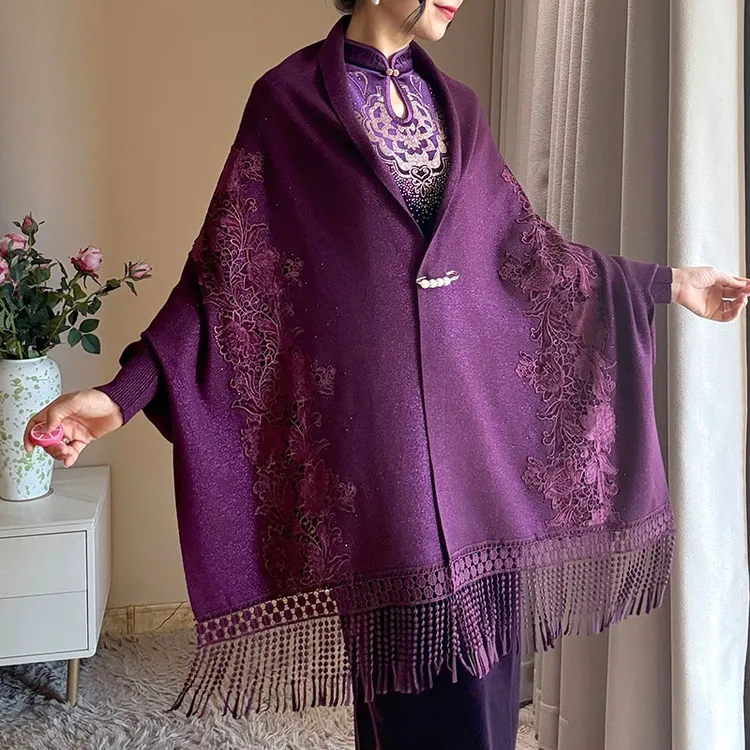 春秋喜妈妈婆婆婚宴紫色旗袍礼服披肩外搭针织绣花斗篷开衫中老年