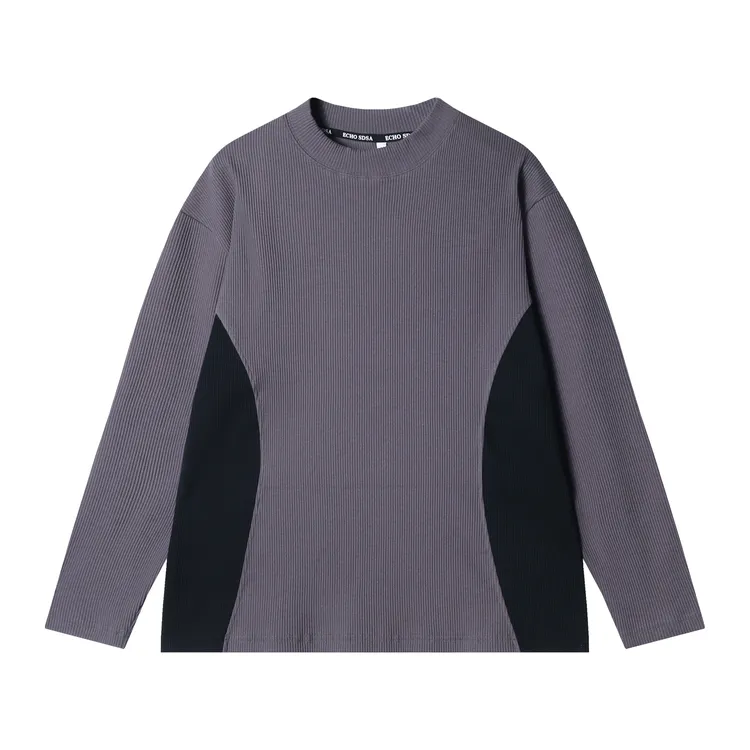 秋冬季新款时尚个性韩版撞色竖纹拼接圆领长袖T恤百搭轻奢上衣潮