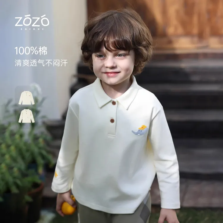 ZOZO&MOMMY左悠【童画未央】纯棉满印毛毡绣洋气polo领长袖儿童T恤