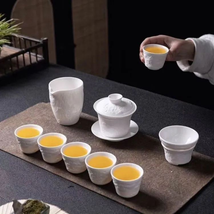 素烧浮雕龙凤呈祥茶具套装浮雕高端礼品盖碗泡茶器白瓷